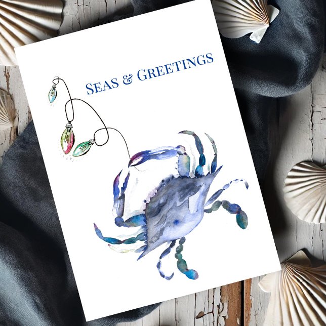 Coastal Blue Crab Watercolor Beach Christmas Card (Beach Christmas cards watercolor blue crab and holiday lights by Victoria Grigaliunas DoTellABelle)