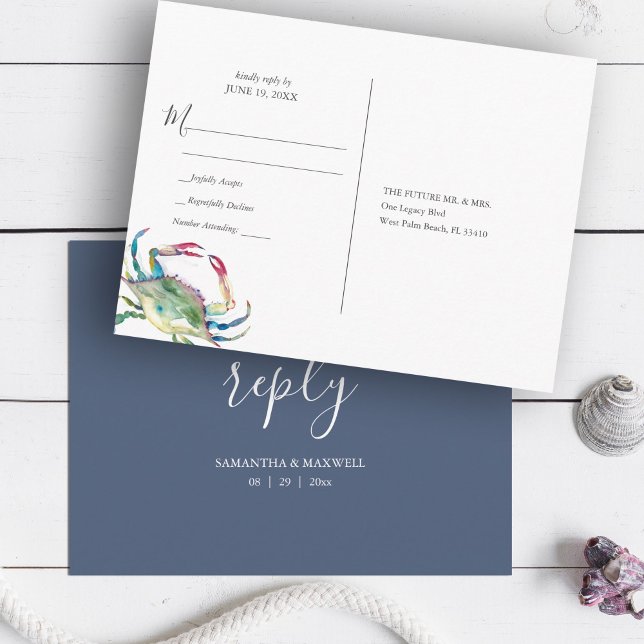 Coastal Blue Crab Watercolor RSVP Postcard (Beach Wedding Blue Crab Watercolor RSVP Postcard coastal art by Victoria Grigaliunas)