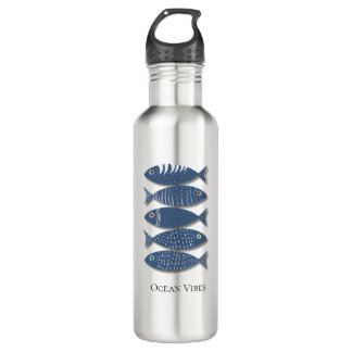 Coastal Blue Fish Pattern on Beige Background 710 Ml Water Bottle