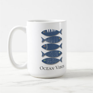 Coastal Blue Fish Pattern on Beige Background Coffee Mug