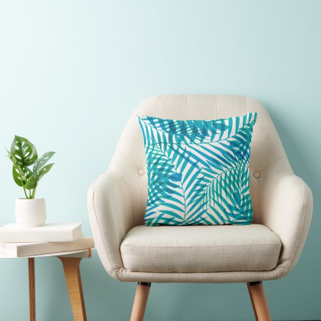 Coastal Blue Green and White Palm Foliage  Cushion (Chair)