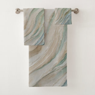 Coastal Blue Green Beige Abstract Waves Bath Towel Set