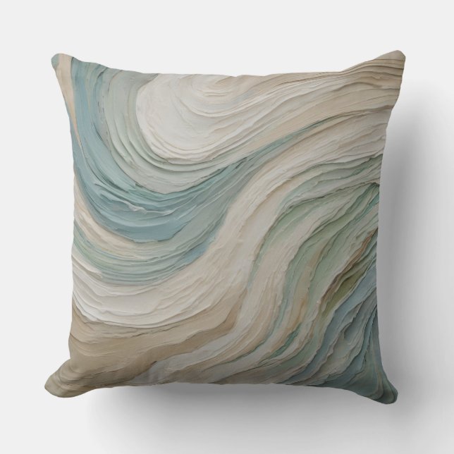 Coastal Blue Green Beige Abstract Waves Cushion (Front)