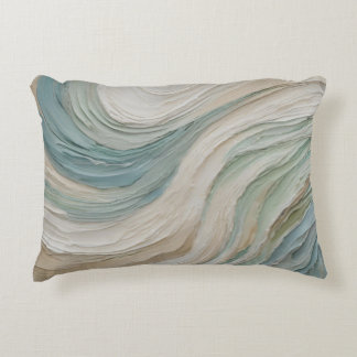 Coastal Blue Green Beige Abstract Waves Decorative Cushion