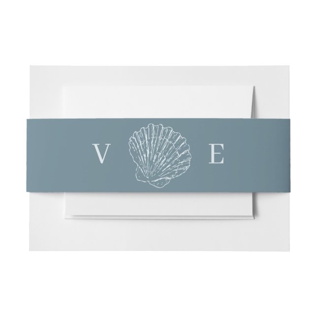 Coastal Blue Hand Drawn Seashell Monogram Wedding Invitation Belly Band (Front Example)