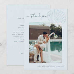 Coastal Blue Hand Drawn Seashell Photo Wedding Thank You Card