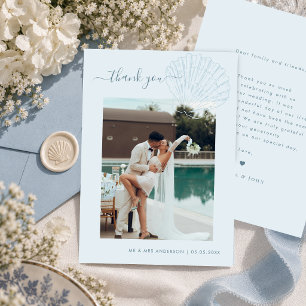 Coastal Blue Hand Drawn Seashell Photo Wedding Thank You Card