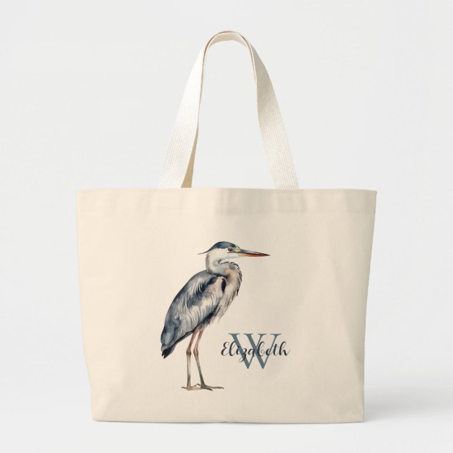 Coastal Blue Heron Bird Monogram Large Tote Bag (Front)