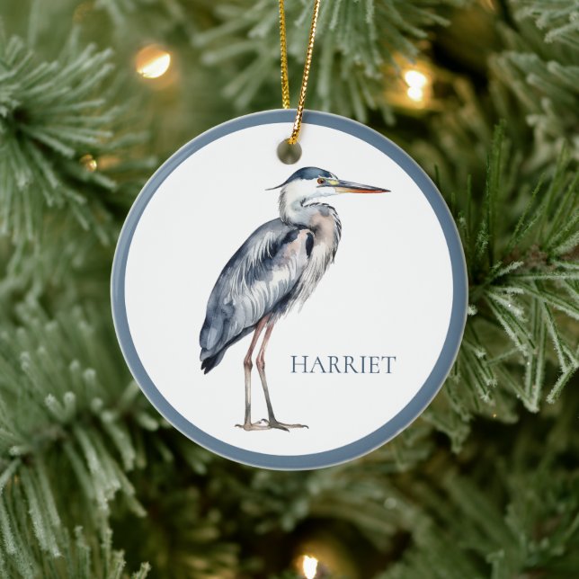 Coastal Blue Heron Bird Personalised Ceramic Ornament (Tree)