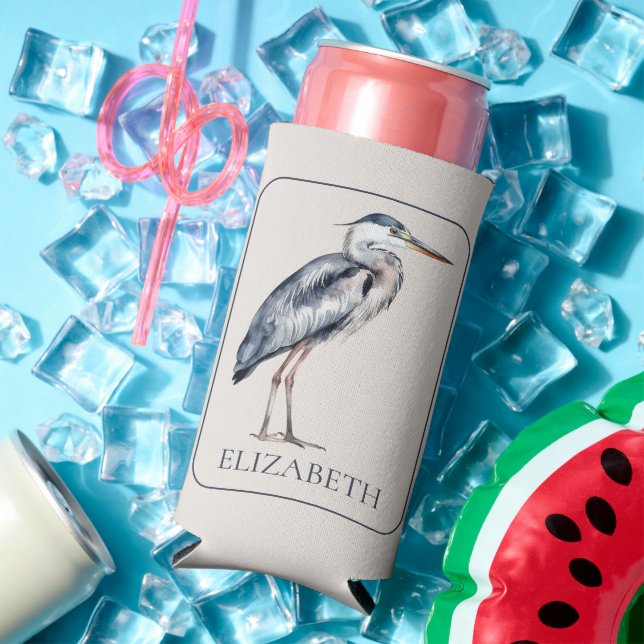 Coastal Blue Heron Bird Personalised Seltzer Can Cooler (In Situ Summer)