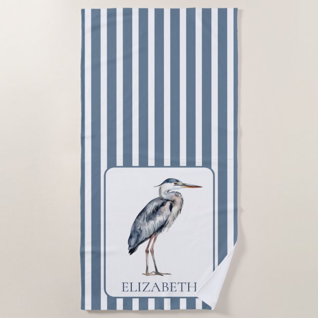 Coastal Blue Heron Bird Personalized Beach Towel (Front)