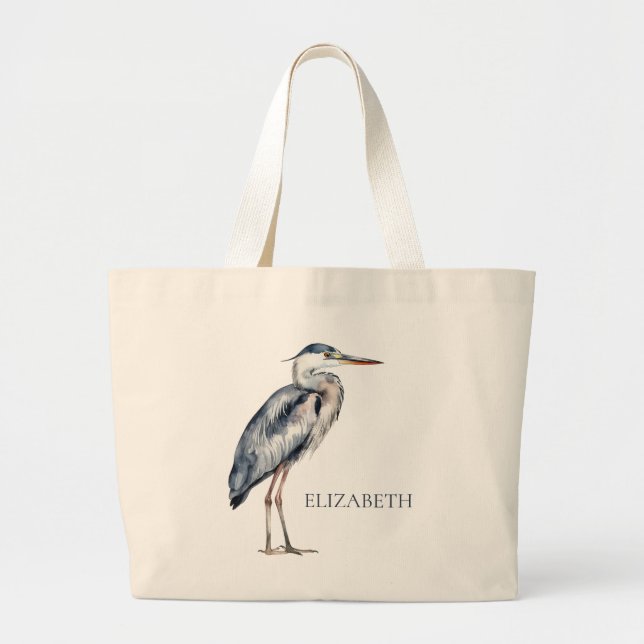 Coastal Blue Heron Bird Personalized Large Tote Bag (Front)
