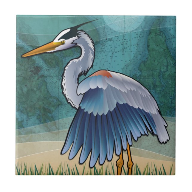 Coastal Blue Heron Ceramic Tile (Front)