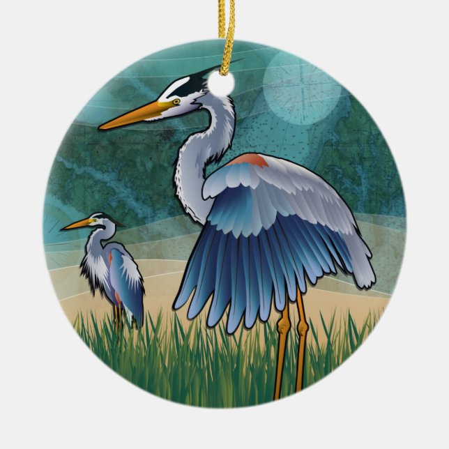 Coastal Blue Herons Ceramic Ornament (Front)