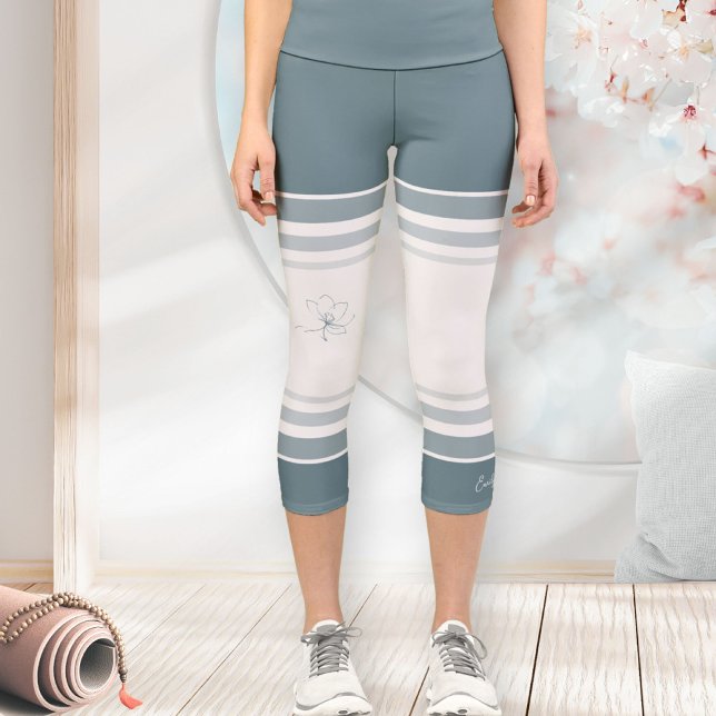 Coastal Blue Ivory Floral Line Art Athletic Stripe Capri Leggings (Minimalist Floral Line Art Zen Coastal Blue Ivory Capri Leggings ©Susanne Sachers - Sunny Wanderlust)