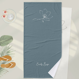 Coastal Blue Ivory Floral Line Art Minimalist Zen Bath Towel
