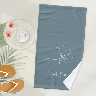 Coastal Blue Ivory Floral Line Art Minimalist Zen Hand Towel
