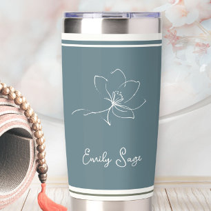 Coastal Blue Ivory Floral Line Art Striped Insulated Tumbler