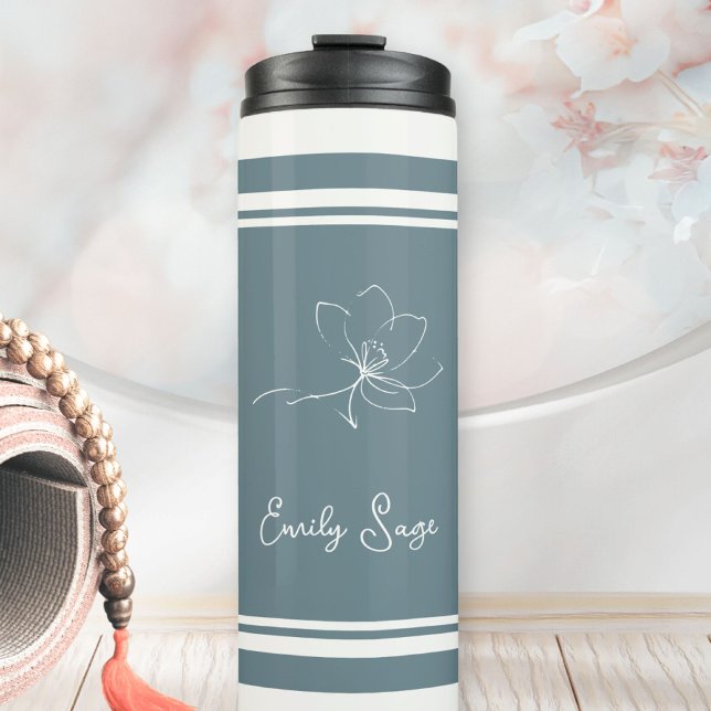 Coastal Blue Ivory Floral Line Art Striped Thermal Tumbler (Minimalist Floral Line Art Zen Coastal Blue Ivory Thermal Tumbler ©Sachers - Sunny Wanderlust 🌞✈️)