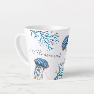 Coastal Blue Jellyfish and Sea Coral Watercolor Latte Mug
