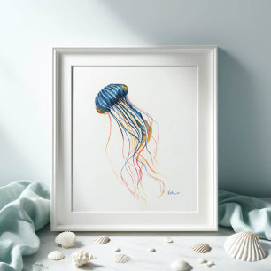 Coastal Blue Jellyfish Art Watercolor Poster