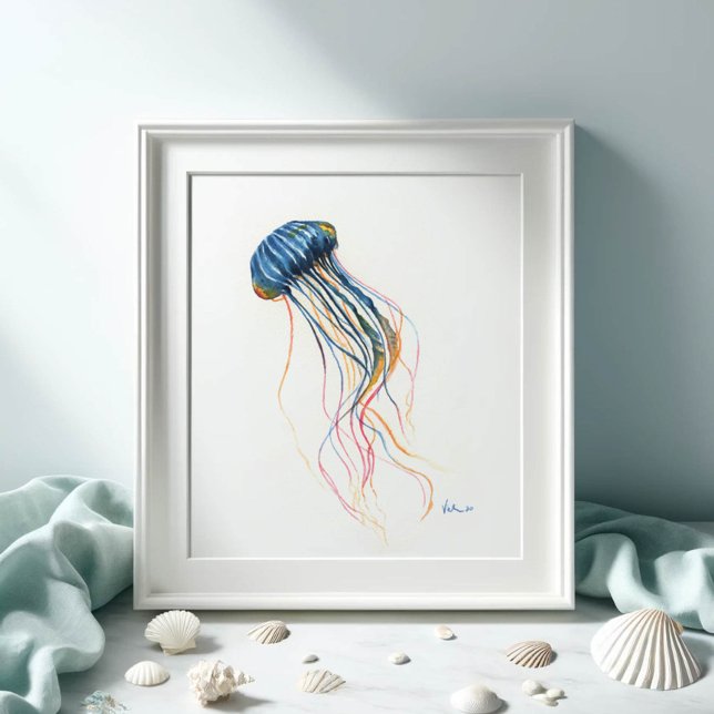 Coastal Blue Jellyfish Art Watercolor Poster (Watercolor paintings by Victoria Grigaliunas jellyfish print in shades of blue Shop Do Tell A Belle)