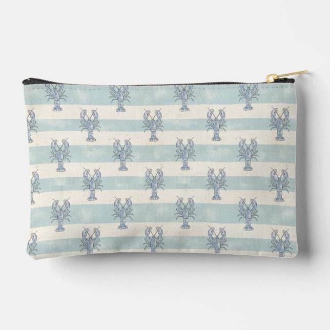 Coastal Blue Lobster Nautical Stripes Pattern Accessory Pouch (Back)