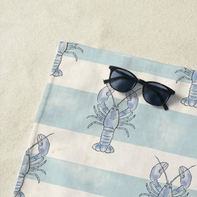 Coastal Blue Lobster Nautical Stripes Pattern Beach Towel (In Situ)