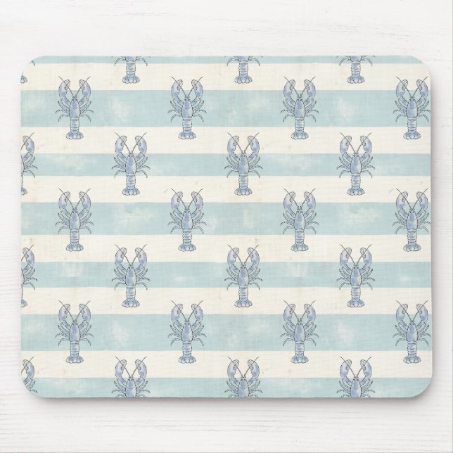 Coastal Blue Lobster Nautical Stripes Pattern Mouse Pad (Front)