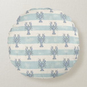 Coastal Blue Lobster Nautical Stripes Pattern Round Cushion