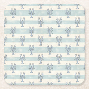 Coastal Blue Lobster Nautical Stripes Pattern Square Paper Coaster