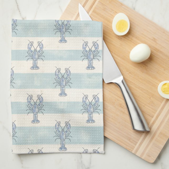 Coastal Blue Lobster Nautical Stripes Pattern Tea Towel (Quarter Fold)
