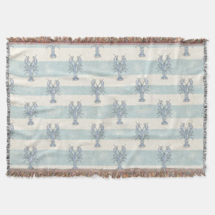Coastal Blue Lobster Nautical Stripes Pattern Throw Blanket