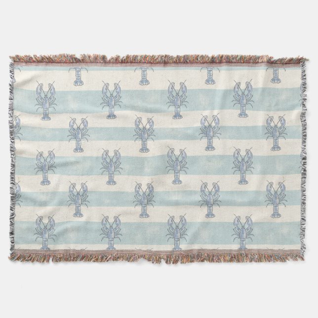 Coastal Blue Lobster Nautical Stripes Pattern Throw Blanket (Front)