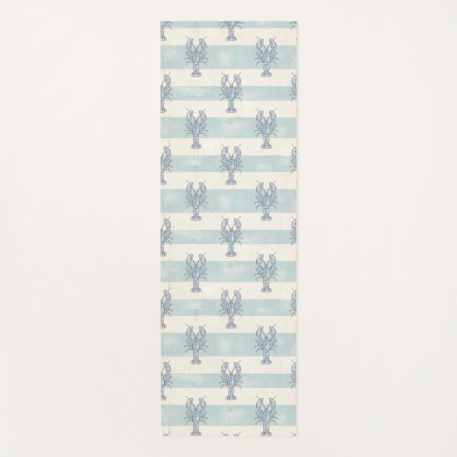 Coastal Blue Lobster Nautical Stripes Pattern Yoga Mat (Front)