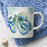 Coastal Blue Octopus Watercolor Beach
