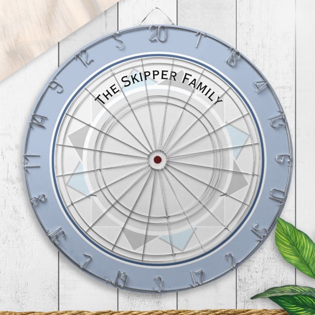 Coastal Blue Personalized  Dartboard (A personalized dartboard with a nautical design in light blue, white and gray)