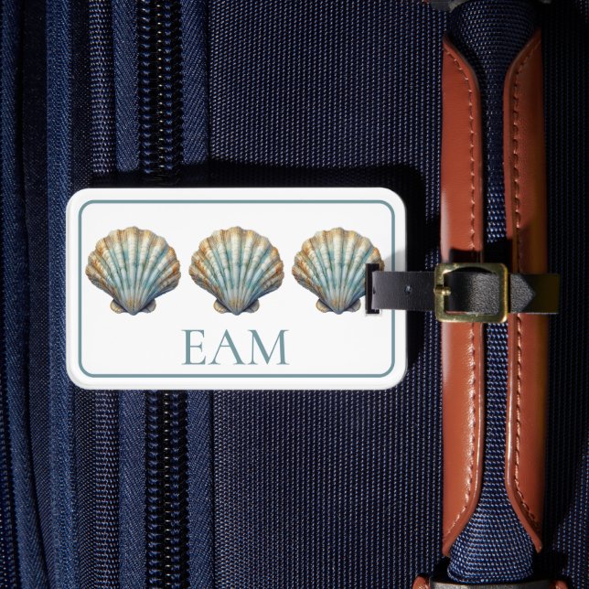 Coastal Blue Scallop Seashell Monogram Luggage Tag (Front Insitu 4)