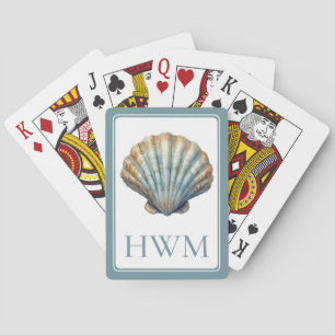 Coastal Blue Scallop Seashell Monogram Playing Cards