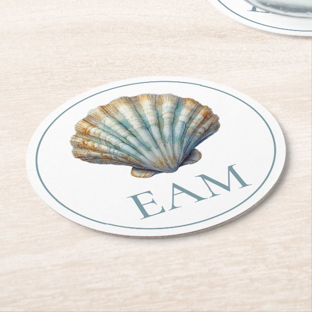 Coastal Blue Scallop Seashell Monogram Round Paper Coaster (Angled)