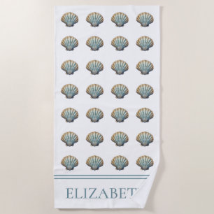 Coastal Blue Scallop Seashell Personalised Beach Towel