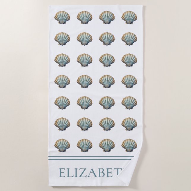 Coastal Blue Scallop Seashell Personalised Beach Towel (Front)
