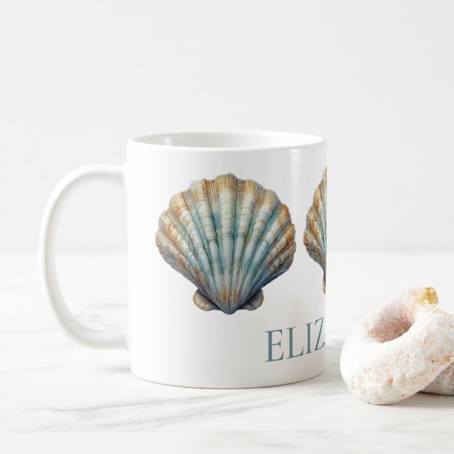 Coastal Blue Scallop Seashell Personalised Coffee Mug (With Donut)
