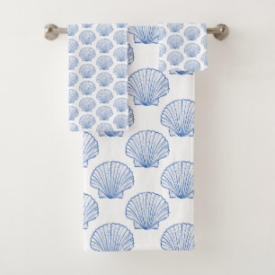 Coastal Blue Scallop Shells on White Bath Towel Set