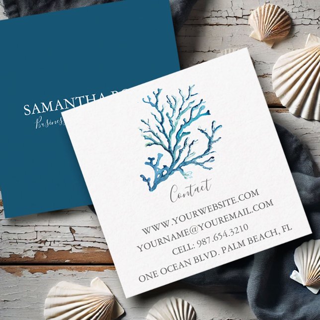 Coastal Blue Sea Coral Beach Business Card (Watercolor business cards sea coral art by Victoria Grigaliunas of Do Tell A Belle)