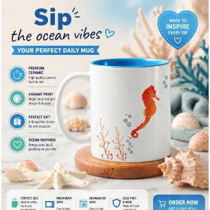 Coastal Blue Seahorse and Coral Watercolor Coffee  Two-Tone Coffee Mug
