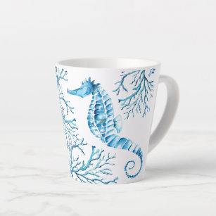 Coastal Blue Seahorse and Coral Watercolor Latte Mug