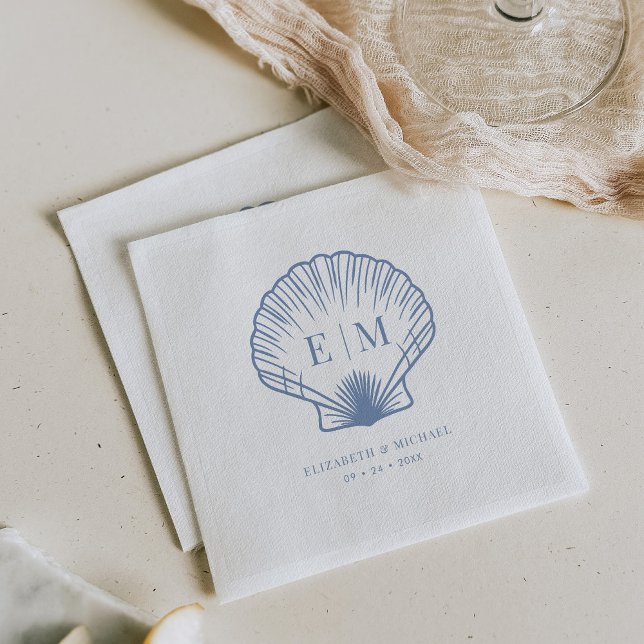 Coastal Blue Seashell Monogram Wedding Napkin (Creator Uploaded)