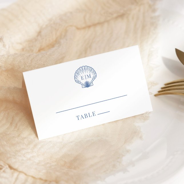 Coastal Blue Seashell Monogram Wedding Place Card (Creator Uploaded)