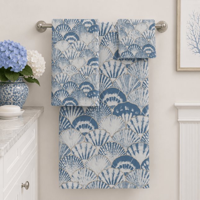 Coastal Blue Seashell Pattern Beach Bath Towel Set (Creator Uploaded)
